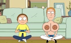 adult_swim bored brother_and_sister crossed_legs edit erection fat_nipples game_controller huge_breasts looking_at_breasts looking_down morty_smith nut-master older_sister orange_hair precum precum_bubble precum_stain rick_and_morty sitting_on_floor smiling summer_smith topless_female