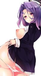 1girls :t breast_out female female_only halo kantai_collection light-skinned_female light_skin looking_at_viewer looking_back looking_behind pantsu panty_pull purple_hair ryuuji_teitoku skirt solo tatsuta_(kantai_collection) underwear white_background