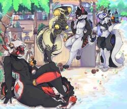 accessory animal_genitalia anthro balls beach beach_background beverage big_balls big_breasts big_penis black_body black_fur breasts canid canine canis casual_nudity clothing cobra cock_ring digital_media_(artwork) dragon eastern_dragon erection female fully_sheathed fur genitals group hair hi_res horn humanoid_genitalia humanoid_penis jewelry lounging machine male mammal multicolored_body mythological_creature mythological_scalie mythology nipple_piercing nipples non-mammal_breasts nude outside penis penis_accessory penis_jewelry piercing protogen reptile sand scales scalie seaside sheath smoking snake snake_hood snowfoxy66 swimming_trunks swimwear tail thick_thighs two-piece_swimsuit vulva waiter water wolf
