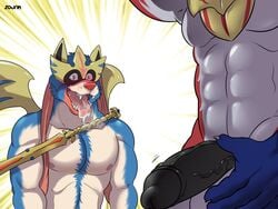 2019 2boys 4:3 abs absurd_res anthro anthrofied armpits bara black_penis canine drooling excited furry gay gay_male hi_res humanoid_penis humor imminent_sex legendary_pokémon lust male male_only mammal muscular muscular_male nintendo nipples no_nipples nude pecs penis penis_awe pokémon_(species) pokemon pokemon_ss presenting_penis saliva simple_background source_request testicles text tongue uncensored veins video_games watermark weapon yaoi zacian zamazenta zourik