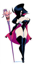 battletoads big_hair black_hair black_leotard cape curvy dark_queen elbow_gloves eyeshadow female hair_over_one_eye hand_on_hip high_heel_boots hourglass_figure leotard lipstick slb solo staff standing thigh_boots thong_leotard