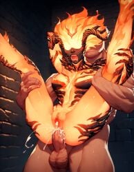 1boy 1girls ai_generated anal anal_sex bethesda_softworks cum cum_in_ass cum_in_pussy cum_inside cumming domination dungeon elemental elemental_creature female fire fire_body fire_hair flame_atronach holding human leg_grab male mask masked_female monster monster_girl nails oblivion open_mouth rape reverse_stand_and_carry_position rtxfus rtxfus34 saliva screaming spread_legs stand_and_carry_position standing standing_sex the_elder_scrolls the_elder_scrolls_iv:_oblivion yellow_skin