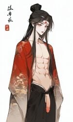 1boy abs ai_generated black_hair chinese chinese_clothes femboy feminine_faced_male feminine_male hong_chenya long_hair manhua manhwa open_clothes penis penis_out protocat red_eyes robe solo_male strength_through_adversity_manhua tattoo toned