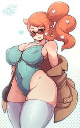 1girls alternate_breast_size big_breasts clothed coat female female_only glasses heart hourglass_figure huge_ass huge_breasts human human_only large_breasts leotard nintendo orange_hair pokemon pokemon_ss ponytail red_hair secretly_saucy skindentation sonia_(pokemon) source_request sunglasses text thick_thighs thighhighs tinted_eyewear voluptuous watermark wide_hips