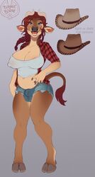 1futa anthro big_breasts bonnie_bovine bonnie_bovine_(character) bottomwear bovid bovine braided_hair breasts brown_fur bulge cleavage clothed clothing cowboy_hat dickgirl fur furry futa_only futanari hair hat headgear headwear hooves horn intersex looking_at_viewer mammal nipple_outline red_hair shirt shorts smile solo solo_futa tank_top topwear