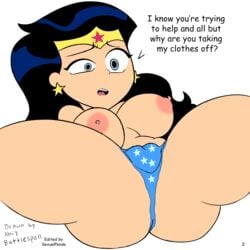 abiybattlespell breasts dc_comics edit raised_eyebrow sexualpanda spread_legs stuck teen_titans teen_titans_go text thick_thighs topless wonder_woman wonder_woman_(series) wonder_woman_(teen_titans_go)