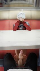 1boy 1boy1girl 1girls 3d 3d_(artwork) 3d_background 3d_model 3d_render 8k alisaie_leveilleur clothed cock dick elezen feet feet_focus feet_on_penis feet_together feet_up female final_fantasy_xiv foot_fetish foot_play footjob footjob_under_table hi_res highres kazworksnsfw male penis pov pov_eye_contact pov_male soles square_enix sweaty sweaty_feet teasing toes
