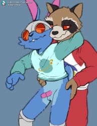 absurd_res anthro bite biting_lip blackjack_o'hare bottomless clothed clothing clothing_lift duo from_behind_position genitals guardians_of_the_galaxy hand_on_butt hi_res kuuneho lagomorph leporid male male/male mammal marvel pajamas penis procyonid rabbit raccoon rocket_raccoon sex small_penis topwear
