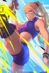 blonde_hair blue_eyes casual_outfit_(metroid) clothing female female_only firearm gun hair_between_eyes handgun human koyorin looking_at_viewer metroid mole_under_mouth nintendo pale_skin ponytail samus_aran sidelocks solo sportswear weapon wristwear