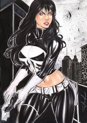 1girls 2018 angry belt big_breasts black_hair black_pants black_shirt blue_eyes breasts building busty city cityscape cleaning cleavage cloud clouds curvaceous dated ed_benes_studio erect_nipples female female_only glare gloves gun holding_gun holding_weapon human jeferson_lima long_hair lynn_michaels marvel marvel_comics new_york nipple_bulge nipples nipples_visible_through_clothing pants pinup pistol punisher red_lips red_lipstick rooftop scowl shirt signature skull skyscraper solo superheroine tight_clothing utility_belt voluptuous white_gloves