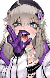 1girls aa-12_(girls'_frontline) blue_eyes body_writing condom condom_belt condom_wrapper cum_in_mouth cum_on_food cum_on_tongue edit fellatio_gesture female girls'_frontline gloves grey_hair heart-shaped_pupils j.k. jacket lollipop looking_at_viewer pubic_hair pubic_hair_in_mouth saliva seductive short_hair suggestive tongue tongue_out used_condom used_condoms
