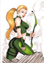 1girls 2018 arm_guards artemis_(dc) artemis_crock ass big_ass big_breasts black_eyes blonde_hair bow breasts busty carla_torres curvaceous curvy dat_ass dated dc dc_comics ed_benes_studio female female_only from_behind from_side green_bow green_hairband green_pants green_shirt hairband holding_bow holding_weapon human long_hair longbow pants pinup ponytail quiver red_lips red_lipstick rubble shirt signature smoke solo superheroine thick_ass tight_clothing voluptuous young_justice