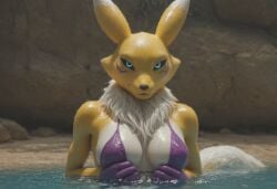 ai_generated anthro anthropomorphic bathing beach beach_background beautiful big_breasts bikini blue_eyes digimon digimon_(species) female fluffy_tail fox fox_girl fur furry furry_only looking_at_viewer renamon renamon_(digimon) seductive seductive_look seductive_smile sexy sexy_body sexy_pose ying_yang_symbol