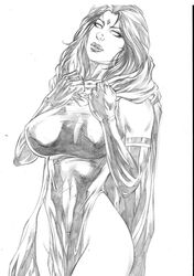 1girls ass azarathian big_breasts breasts cape curvaceous curvy dc dc_comics demon_girl ed_benes_studio female female_only forehead_jewel gloves greyscale hood loincloth monochrome nipple_bulge nipples pinup rachel_roth raven_(dc) short_hair sketch solo superheroine teen_titans thighs voluptuous white_eyes