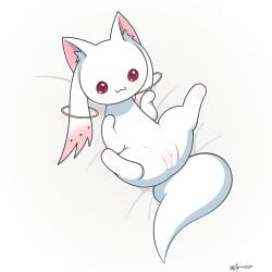 1:1 2025 artist_name beady_eyes bedding bedding_background blush body_blush cat_smile cel_shading clitoral_hood digital_drawing_(artwork) digital_media_(artwork) featureless_legs felid feline female female_feral female_only feral fur genitals hi_res high-angle_view highlights_(coloring) incubator_(puella_magi) inner_ear_fluff innie_vulva kyubey looking_at_viewer lying mahou_shoujo_madoka_magica mammal on_back paws pink_highlights puella_magi quadruped red_eyes shaded solo tail text tuft vulva vulva_blush white_body white_fur zyuuniie