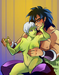 1boy 1girls alien alien_girl armor armpits big_breasts black_eyes black_hair breasts broly cheelai clothed dragon_ball dragon_ball_super female green_skin holding_hands humanoid interspecies larger_male male muscular muscular_male nude pink_eyes pussy scar short_hair size_difference smaller_female squarerootofdestiny straight thick_thighs white_hair wide_hips