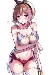 1girls abs absurdres atelier_(series) atelier_ryza bad_id blush breasts brown_eyes brown_hair cleavage clothed collarbone eyebrows_visible_through_hair female female_only hair hair_ornament hairclip half-closed_eyes hat heavy_breathing highres large_breasts midriff navel red_shorts reisalin_stout sak_(lemondisk) short_hair short_shorts shorts solo sweat thighhighs thighs wet white_headwear white_legwear