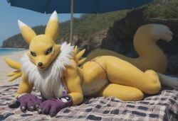ai_generated anthro anthropomorphic beach beach_background beautiful big_breasts bikini blue_eyes breasts digimon digimon_(species) female fluffy_tail fox fox_girl fur furry furry_only looking_at_viewer renamon renamon_(digimon) seductive seductive_look seductive_smile sexy sexy_body sexy_pose ying_yang_symbol