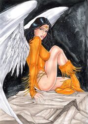 1girls 2018 angel_wings asteroid big_breasts black_hair blue_eyes boots breasts busty cowboy_boots curvaceous curvy dated dawnstar dc dc_comics ed_benes_studio female female_only forehead_mark human legion_of_superheroes leotard levi_souza_(artist) long_hair metahuman native native_american orange_boots orange_leotard pink_lips pinup signature sitting solo space star starry_sky stars superheroine thighs voluptuous white_wings wings