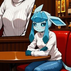 1girls ai_generated anthro bar breast_focus breasts clothing coffee dressed eeveelution female glaceon hair indoors jeans pokemon pokemon_(species) serbm sitting small_breasts solo sweater table worried