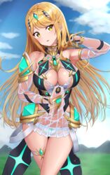 1girls bangs bare_shoulders blonde_hair blur blush breasts cleavage cleavage_cutout cloud elbow_gloves eyebrows_visible_through_hair female gem gloves grass hair_ornament headpiece jewelry large_breasts long_hair looking_at_viewer mountain mythra_(xenoblade) nintendo open_mouth panties pose sky smile solo sssemiii swept_bangs thigh_strap tiara underwear very_long_hair wet white_panties xenoblade_(series) xenoblade_chronicles_2 yellow_eyes