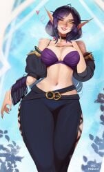 1girls absurd_res big_breasts blizzard_entertainment blood_elf blush clothed clothing dark_purple_hair earrings elf elf_ears elf_female female female_only green_eyes grin grinning_at_viewer hand_on_chest heart looking_at_viewer maewix1 medium_hair pink_lips purple_hair smiling smiling_at_viewer solo steam thick_thighs warcraft wide_hips wink winking_at_viewer world_of_warcraft