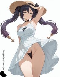 1girls ai_generated arm_behind_back arm_behind_head armpits bangs black_choker black_panties blue_eyes cameltoe choker closed_mouth collarbone dress dress_lift earrings eyebrows_visible_through_hair female genshin_impact hair_between_eyes hair_ornament hat hi_res high_quality high_resolution highres legs light light_smile lips long_hair looking_at_viewer medium_breasts mona_(genshin_impact) nose opal_nemy panties patreon patreon_logo patreon_url patreon_username plain_background purple_hair pussy_peek self_upload shadow simple_background smile solo standing star_earrings star_hair_ornament straw_hat thick_eyebrows thighs watermark white_background white_dress wind_lift