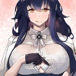 1girls azuma_(azur_lane) azur_lane big_breasts black_gloves black_hair bra clothed dark_blue_hair female female_only gloves heart-shaped_pupils licking_lips light-skinned_female light_skin long_hair orange_eyes paizuri_invitation penchamu! sakura_empire_(azur_lane) seductive solo symbol-shaped_pupils