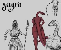 2023 2d 3_fingers anthro armor ass backboob big_breasts black_sclera breasts faustawk female huge_ass huge_breasts jelyril_(faustawk) large_areolae large_nipples long_boots long_fingernails long_gloves long_nails long_neck long_tail looking_at_viewer looking_back magic nipple_piercing nipples nun_outfit pierced_nipples piercing piercings purple_eyes red_body red_scales reference reference_image scalie self_upload snake snake_girl spear standing thick_thighs thigh_boots thigh_highs veil wide_hips