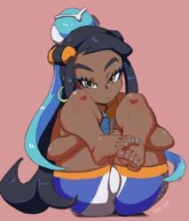 1girls anus ass bad_id bard-bot bare_shoulders big_ass big_eyes blue_eyes blue_hair blue_nails blue_toenails clothed clothes dark-skinned_female dark_hair dark_skin dyed_hair eye_contact eyelashes eyeshadow feet female female_only gym_leader human legs_together legs_up long_hair looking_at_viewer makeup nail_polish necklace nessa_(pokemon) nintendo pink_background pokemon pokemon_ss shirt shorts sitting sketch text thick_thighs toes watermark wide_hips