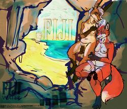 advertisement anthro beach breasts canid canine cave cool. duo flaccid fox futanari hair headphones humanoid_penis intersex invalid_tag kangaroo macropod mammal marsupial nude penis seaside sitting vaporwave water white_hair