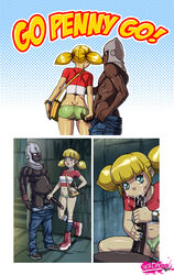 1girls ass bag blonde_hair blue_eyes blush cameltoe comic cum cum_in_mouth cum_on_face dark-skinned_male ejaculation fellatio female footwear handjob human inspector_gadget looking_at_viewer medium_breasts penis penis_rub penny_gadget short_shorts smooth_skin teenager tekuho twintails wristwear