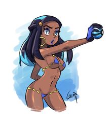 1girls armpits ass bikini black_hair breasts clothed dark-skinned_female dark_skin dive_ball female female_only gerph gym_leader human long_hair micro_bikini nessa_(pokemon) nintendo poke_ball pokemon pokemon_ss pose sketch text thigh_gap watermark wide_hips