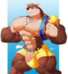 anthro backpack bag banjo-kazooie banjo_(banjo-kazooie) big_bulge big_penis bulge clothing daikitei furry humanoid_penis looking_at_viewer male male_focus male_only mammal muscular muscular_male nintendo pecs penis penis_base rareware shorts smile solo super_smash_bros. super_smash_bros._ultimate thick_thighs tight_clothing ursid vein video_games