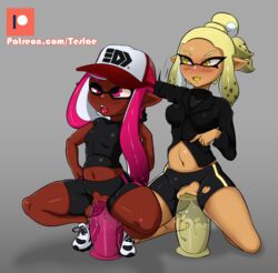 2girls anthro assisted_masturbation bike_shorts blonde_hair blush breasts cephalopod cephalopod_humanoid dark-skinned_female dark_skin dildo dildo_sitting female female_only humanoid inkling inkling_girl laura_(splatoon) light-skinned_female light_skin mask_(marking) masturbation multiple_girls n-pacer nintendo nipple_bulge pink_eyes pink_hair pointy_ears pussy pussy_juice splatoon splatoon_(manga) squid stomach_bulge suit tentacle tentacle_hair teslae vaginal_penetration