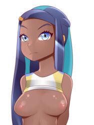 1girls blue_eyes breasts dark-skinned_female dark_skin female game_freak gym_leader nessa_(pokemon) nintendo nipples pokemon pokemon_ss scorchingnova shirt shirt_lift solo