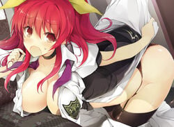 bent_over black_bra black_legwear black_panties bra breasts brown_eyes cleavage collar collarbone eyebrows_visible_through_hair female garter_straps hair_ribbon highres large_breasts long_hair novel_illustration official_art open_clothes open_mouth open_shirt panties rakudai_kishi_no_cavalry red_hair ribbon shirt solo stella_vermillion thighhighs twintails underwear won_(az_hybrid) yellow_ribbon