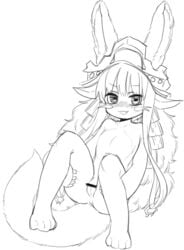 1girls 4_toes 5_fingers anthro black_and_white blush censored female female_focus female_only hair hi_res kemono long_hair looking_at_viewer made_in_abyss monochrome nanachi narehate nude open_mouth pussy rori_(artist) simple_background sketch smile solo toes white_background young