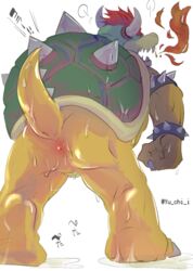 anthro anus bara bowser claws hair horn koopa male male_only mario_(series) nintendo red_hair reptile scalie signature simple_background spikes sweat turtle video_games white_background yu_chi_i