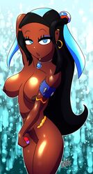 1girls 2019 armpits ass bad_id blue_eyes breasts dark-skinned_female dark_skin female female_only gym_leader human kaijusundae large_breasts long_hair looking_at_viewer nessa_(pokemon) nintendo nipples nude pokemon pokemon_ss solo text thick_thighs watermark wide_hips