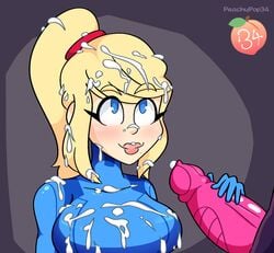 1girls bangs beauty_mark bimbo blonde_hair blue_eyes breasts clothed covered_in_cum cum cum_in_hair cum_on_body cum_on_breasts cum_on_chest cum_on_clothes cum_on_face cum_on_upper_body facial female female_focus handjob human metroid mole_under_mouth nintendo peachypop34 photo pink_lips ridley samus_aran sidelocks simple_background smile watermark zero_suit_samus