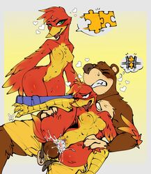 avante92 avian backpack bag banjo-kazooie banjo_(banjo-kazooie) bear big_ass big_butt bottomwear female furry interspecies jiggy kazooie multiple_poses sex shorts small_breasts spoon_position straight thick_thighs ursid