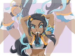 1girls abs armpits arms_up ass ass_cleavage bad_id black_hair blue_eyes blue_hair breasts butt_crack camekirin clothed dark-skinned_female dark_skin earrings female female_only flat_chest gloves grin gym_leader holding human long_hair looking_at_viewer midriff mouth_hold nessa_(pokemon) nintendo pokemon pokemon_ss pubic_hair shirt shorts sketch small_breasts smile solo sweat teeth wet