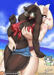 2girls anthro bikini blush bottomwear bovid breast_grab breasts burgerkiss caprine clothed clothing crotch_grab deltarune denim denim_clothing denim_shorts duo_focus eyewear female female_only flannel glasses goat grabbing_from_behind green_eyes grope group hair hand_on_breast heart hi_res horn looking_back mammal midriff navel one_eye_closed open_mouth purple_eyes questionable_consent ralsei ralsei_(female) ralsei_with_black_fur rule_63 shirt shorts skimpy sweat swimwear temmie_(undertale) thick_thighs topwear toriel unbuttoned undertale video_games yuri