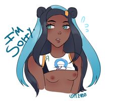 1girls breasts clothes dark-skinned_female dark_skin female female_only gym_leader human looking_away m.endo nessa_(pokemon) nintendo nipples pokemon pokemon_ss rurina_(pokemon) shirt shirt_lift small_breasts source_request text watermark