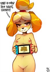 1girls 2019 animal_crossing anthro areolae belly big_eyes blush breasts brown_eyes canine dialogue english_text female female_only foxinshadow furry grin half-closed_eyes highres holding_object isabelle_(animal_crossing) looking_at_viewer mammal navel nintendo nintendo_switch nipples nude pussy shih_tzu signature simple_background smile solo talking_to_viewer teeth text topknot watermark white_background wide_hips