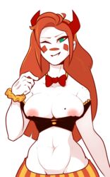 areolae bare_shoulders blush_stickers bowtie breasts breasts_out clothing clown dabble demon demon_girl female freckles gloves green_eyes horns large_breasts long_hair looking_at_viewer nipples olive_(dabble) orange_hair pale_skin red_nose smile solo standing striped_legwear succubus vertical_stripes white_skin wink