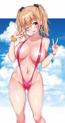 ass_visible_through_thighs bangs bare_shoulders blonde_hair blue_eyes blue_sky blush bracelet breasts cloud cloudy_sky collarbone day detexted eyebrows_visible_through_hair female fingernails hair_ornament hands_up head_tilt highres jewelry kurumizawa_asahi large_breasts long_hair looking_at_viewer mataro_(matarou) navel novel_illustration one_eye_closed open_mouth outdoors pink_swimsuit scrunchie shiny shiny_clothes shiny_hair shiny_skin sidelocks sky sling_bikini solo stomach swimsuit third-party_edit tokushu_seiheki_kyoushitsu_e_youkoso twintails v yellow_scrunchie