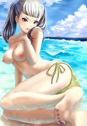 1girls areola areolae bangs big_areola big_nipples bikini_bottom black_clover breasts breasts_out clouds detailed_background dkoro feet female female_only legs looking_at_viewer medium_breasts nipples noelle_silva outdoors outside painted_nails sky toes topless twintails water