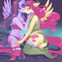 alicorn anthro bra cameltoe cleavage closed_eyes female_only fluttershy_(mlp) friendship_is_magic kissing my_little_pony panties pegasus princess_twilight_sparkle_(mlp) socks straight_hair tanktop thighhighs twilight_sparkle_(mlp) twishy underwear xjenn9 yuri